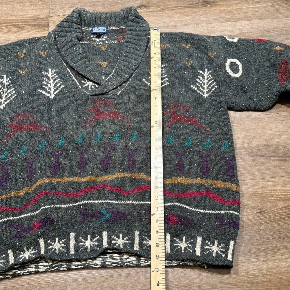 Lands' End Sweater Men's LARGE Heavy Wool Green Shawl Collar Reindeer Christmas